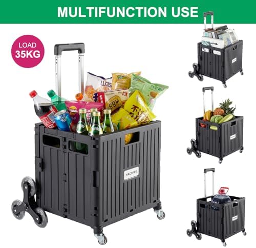 MACOPRO Foldable Utility Cart with Stair Climbing Wheels, Collapsible Rolling Crate with Telescoping Handle, Folding Shopping Trolley Handcart Grocery Book File Tool Teacher Storage Basket (Black) - Image 2