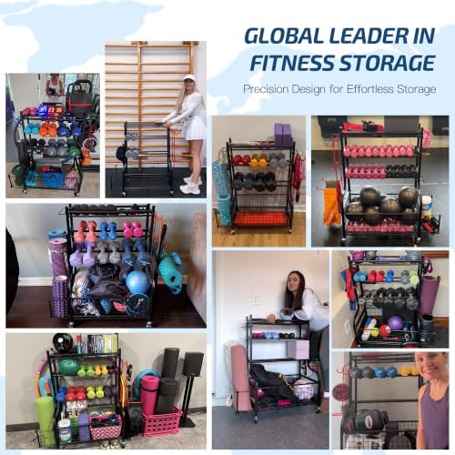 PLKOW Dumbbell Rack, Weight Rack for Dumbbells, Home Gym Storage for Dumbbells Kettlebells Yoga Mat and Balls, All in One Workout Storage with Wheels and Hooks, Powder Coated Finish Steel - Image 4