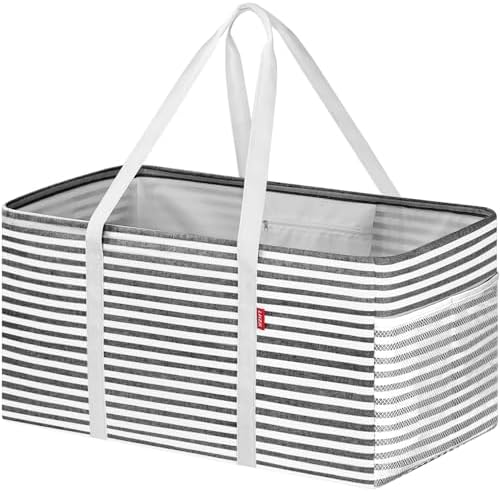 LHZK Standing Extra Large Utility Tote Bag with Metal Wire Frame and the Sides Rinforced, Extra Large Tote Bag with Handle, Reusable Grocery Bags Foldable, Beach Bag, Car Tote, Black, 26''x15''x13'' by LHZK