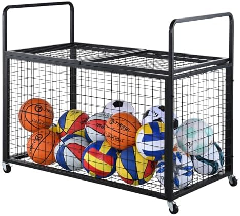 VEVOR Rolling Sports Ball Storage Cart, Lockable Basketball Cage with Double Lids, Sport Equipment Holder Organizer for Indoor Outdoor, Steel Storage Rack for Garages, Playgroup, Gym and Schools by VEVOR