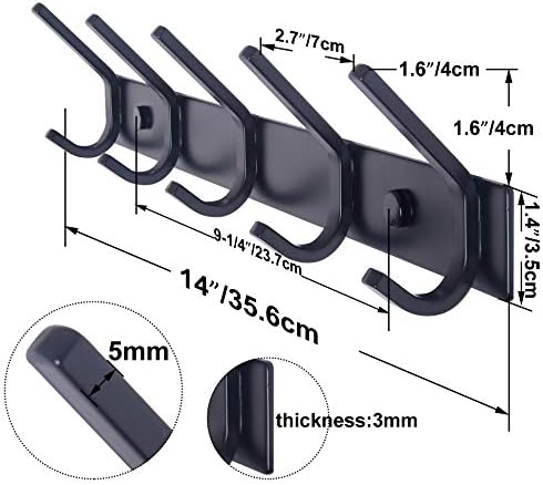 WEBI Coat Rack Wall Mounted,5 Coat Hooks for Hanging Coats,Heavy Duty Metal Double Hook Rack Hook Rail Coat Hanger Wall Mount for Clothes Entryway Jacket,Black,2 Packs - Image 2