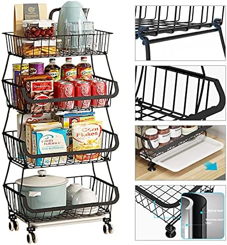 Metal Wire Baskets with Wheels, Stackable Storage Bins Kitchen Organizer Shelf 3-4-5-6 Tier Fruit Vegetable Cart Dishes Seasonal Rack Shelves for Garage, Pantry, Bathroom - Image 3