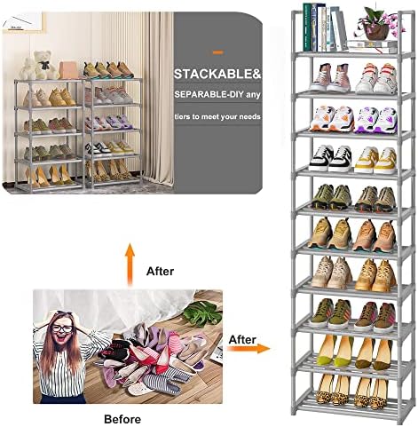 OYREL 10-Tier Metal Shoe Rack, Narrow Shoe Rack Organizer, Sturdy Shoe Shelf for Closets, Entryway, Bedroom, Garage - Silver - Image 4