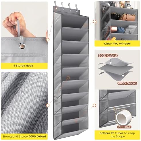 Mefirt 20-25 Pairs Over the Door Shoe Organizer, Clear Pockets Shoe Rack for Closet Door, 10-Tier Hanging Shoe Rack for Boots, Behind the Door Shoe Holder Fit All the Family's Sneakers, Heels, Grey - Image 3