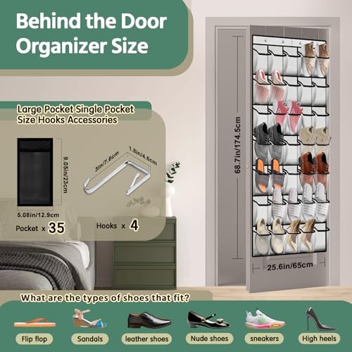 PAULONE 35 Pocket Over the Door Shoe Organizer,Reusable Breathable Large Mesh Bag Men's & Women's Sneaker Organizer,Shoe Organizer for Kids,Hanging Shoe Storage Hanging Bag -White - Image 2