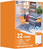 GONGSHI Vacuum Storage Bags with Electric Pump, 32-Piece Set | 1500mAh Rechargeable Cordless Pump, Ideal for Travel, Closet Organization, Moving, Dorms, Seasonal Storage, Clothes & Bedding by GONGSHI