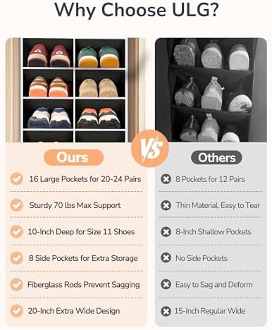 ULG Over The Door Shoe Organizer with 16 Large Pockets, Hanging Shoe Rack for Closet Door, Space Saving Shoe Storage Black - Image 6