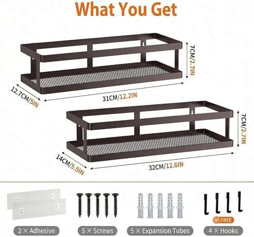 PUSDON 2-Pack Minimalist Shower Caddy Wall Mount, Open Frame Bathroom Shelf Organizer with Mesh Base, Rustproof Floating Spice Rack for Kitchen, Holds 50 LBS, 4 Hooks - Vintage Bronze, Guardrail - Image 3