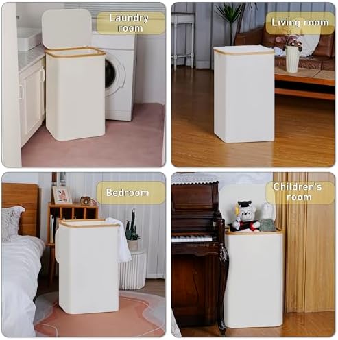 100L Laundry Hamper with Lid, Lagre Basket with Bamboo Handles,Foldable Clothes Hamper Tall Dirty Laundry Basket for Clothes Toys Towels Organizing,Beige - Image 7