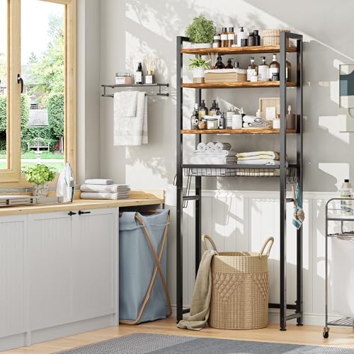 Ekisemio Over The Toilet Storage Rack, 4 Tier Over Toilet Shelf with Adjustable Feet, Freestanding Bathroom Organizer with Wooden Shelves, Hooks, Paper Holder, Vintage Brown - Image 4