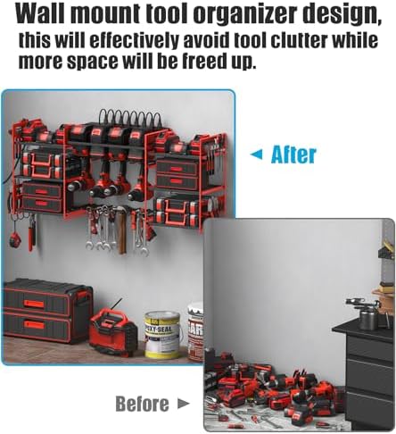 CCCEI Red Power Tool Organizer Wall Mount, Large Tools and Battery Storage Rack Charging Station Individual Switches. Drills Holder, Garage Utility Shelves with 6FT Power Strip. Gift for Men. - Image 4