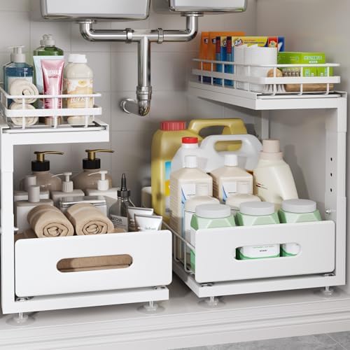 Under Sink Organizer Upgrade To Professional Rails,2-Tier Dual Pull Out Cabinet Storage,Height Adjustable Slide Out Drawers For Bathroom Kitchen,2 Pack-14.5" Dx12.8-16.9" H,White by UnderSinkOrganizer
