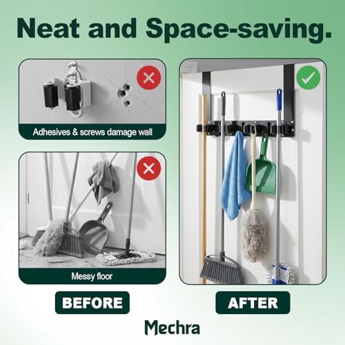 Over The Door Broom and Mop Holder, Heavy Duty Stainless Steel Organizer with 4 Slots and 3 Hooks, No Drilling Space Saving Tool Hanger for Kitchen, Laundry Room, Closet, and Garage - Black - Image 5