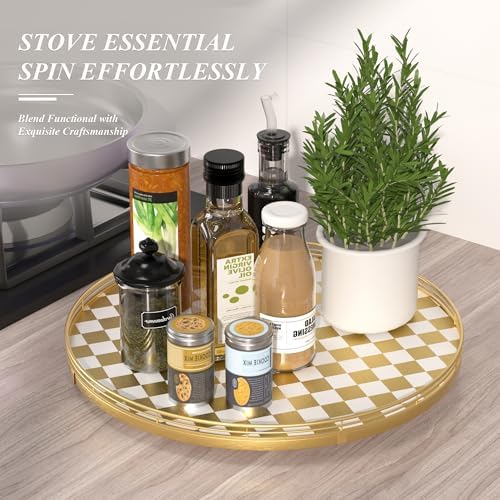 Gold and White Checkerboard Lazy Susan with Rubberwood Base and Metal Rail - Image 2