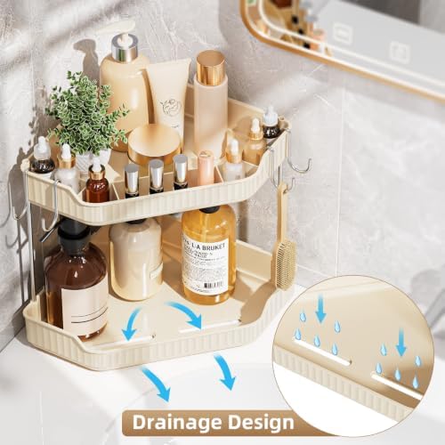 VITVITI 2 Tier Corner Bathroom Counter Organizer, Bathroom Countertop Organizer Storage for Sink, Plastic Makeup Organizer for Vanity Countertop Kitchen with Hooks, Cream White - Image 3