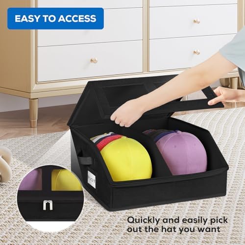 2 Pack Hat Storage for Baseball Caps-Holds Up to 48 Caps, Hat Organizer for Closet Stackable Hat Box with Cardboard, Dustproof Baseball Cap Organizer with 2 Handles for Home Travel (Black, 2Pack) - Image 5