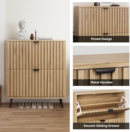 Smuxee Shoe Cabinet with 2 Flip Drawers, 31.5" Natural Hidden Shoe Storage Cabinet with Fluted Design, Freestanding Shoe Organizer Cabinet for Entryway, Hallway, Closet, Living Room - Image 5