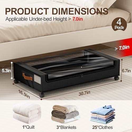 LAMU Under Bed Storage with Wheels, 4Pack Underbed Storage Containers,Black | Smooth-rolling Wheels, Clear Lid & Label, Sturdy Metal Frame, Easy Install, Rolling Storage Drawers for Clothes, Shoes, Toys - Image 2