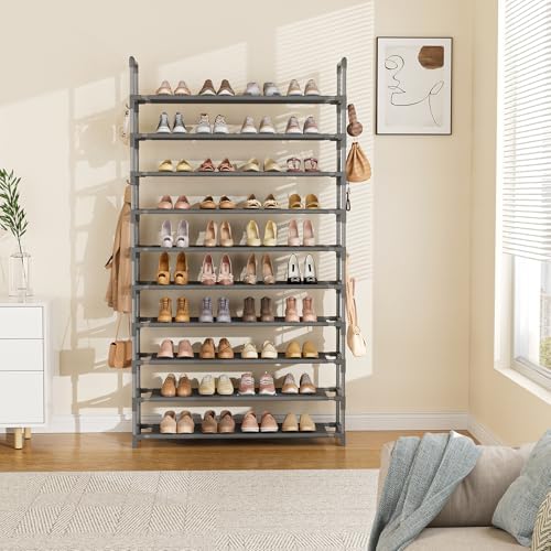 LANTEFUL Tall Shoe Rack 10 Tier Shoe Organizer Large Shoe Shelf with 18 Hooks Storage for 50 Pair Sneaker and Boot, Stackable Vertical Shoe Rack Organizer for Closet, Entryway, Bedroom, Grey - Image 7