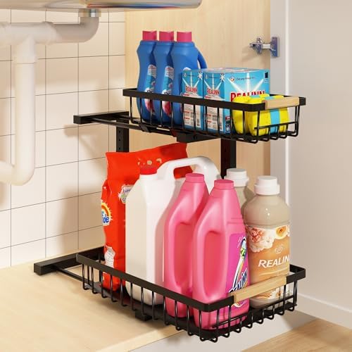 REALINN Under Sink Organizer, Adjustable 2 Tier Pull Out Kitchen Bathroom by REALINN