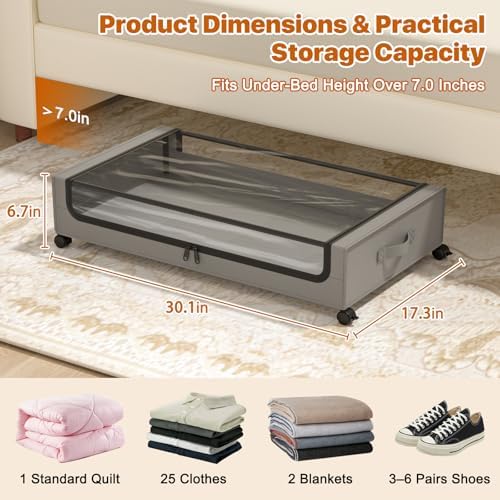 Under Bed Storage with Wheels,XXL 60L Under Bed Storage Containers with Clear Lids, Rolling Under Bed Metal Drawer for Clothes, Shoes,Toys(Gray, 2 Pack) - Image 2