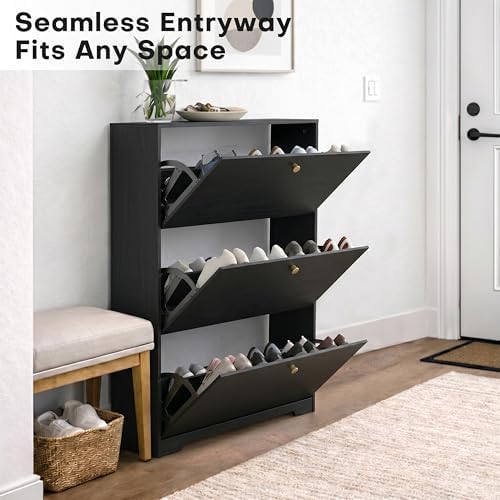 Nicetree Shoe Cabinet with 3 Flip Drawers, Entryway Shoes Organizer, Black - Image 4