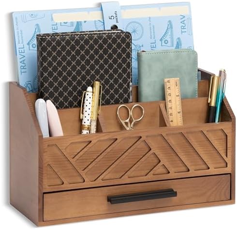 dreampossible Brown Wood Desk Organizer and Accessories with Drawer, Bill Mail Organizer and File Mail Holder for Office Supplies, Modern Desk Accessories & Workspace Organizers for Desk Organization by dreampossible