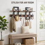 33.86" Wall Mounted Coat Rack with Shelf, Heavy Duty Entryway Wall Organizer with 6 Dual Hooks and Key Holder, Rustic Wood Coat Hanger for Coats, Bags, Hats, Hallway, Mudroom, Bathroom (Rustic Brown) - Image 6