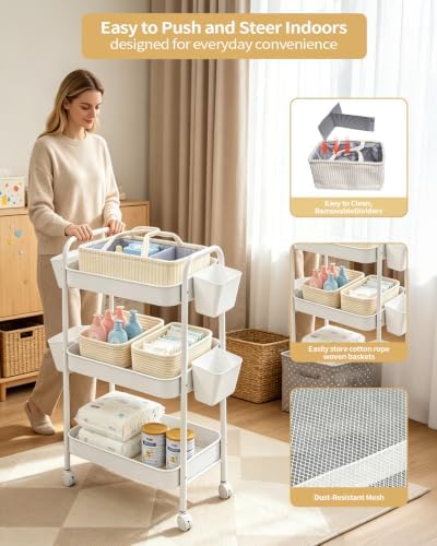 3 Tier Rolling Cart Organizer with Wheels, Metal Utility Storage Cart for Nursery, Bathroom, Kitchen, Craft Room & Laundry Room, Includes Hanging Baskets and Rope Storage Bin, White - Image 4
