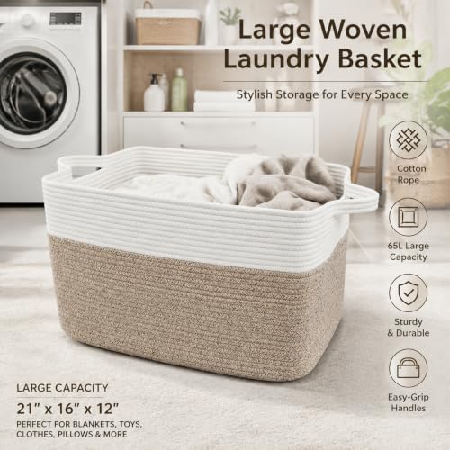 65L Laundry Basket with Handles, Woven Blanket Basket, White/Brown - Image 5