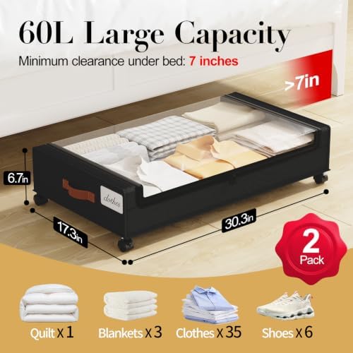 Yecaye 60L Under Bed Storage with Wheels, 2 Pack, Black | 360° Rolling Wheels, Clear Lids & Label, Reinforced Handle, Rolling Metal Drawers for Clothes, Blankets, Shoes in Bedroom - Image 2