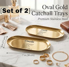 Pawpy Mate Catchall Tray Stainless Steel Oval Gold 7x3 Inch Vanity Tray Rust Resistant Stackable Modern Polished Decorative Organizer, Set of 2 - Image 2