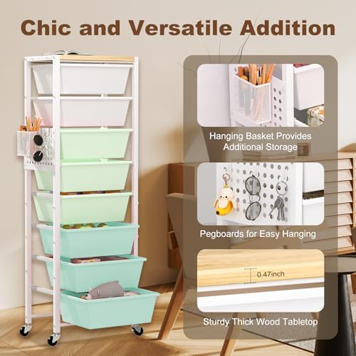 Rolling Cart with Drawers, Rolling Storage Cart with Large Plastic Drawers & Wooden Tabletop, Utility Cart with Pegboards & Basket, Storage Drawers Cart for Living Room, Classroom, Bedroom, Office - Image 4