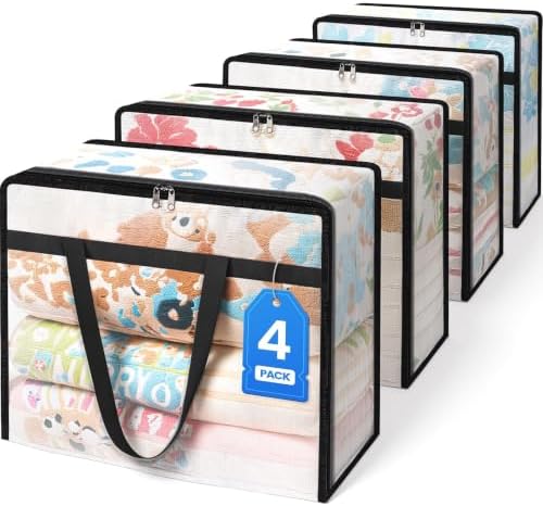 BlissTotes Moving Bags 40L 4PCS, Clear Clothes Storage Under Bed Storage | Foldable Clothes Storage Bags with Sturdy Zippers & Handles for Comforter, Bedding, Books, Sheet, Transparent Containers by BlissTotes