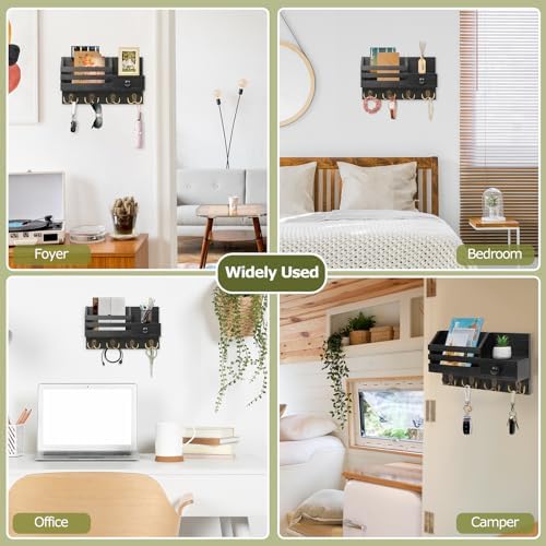 Key Holder Wall Mount, Wooden Key and Mail Organizer, Black - Image 6