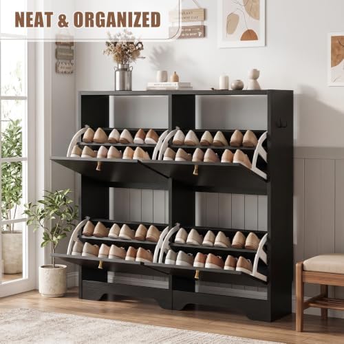 Nicetree Shoe Cabinet, 4 Flip Drawers Slim Black Entryway Storage - Image 4