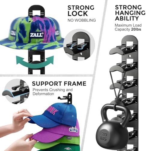 Hat Organizer for Baseball Caps, Hat Rack for Wall Closet Door Hold up to 10 Hats,Hat Holder with Adhesive and 4 Screws, Hat Hanger Cap Holder Hat Hangers for Wall Closet Door Bedroom(1pc,B-Black) - Image 3