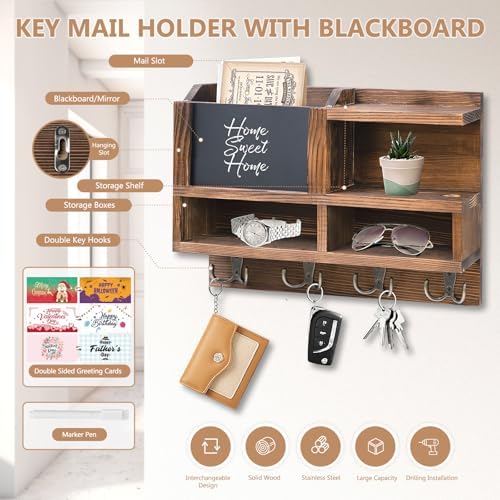 Key Holder Wall Mount, Wooden Mail and Key Organizer, Brown - Image 4