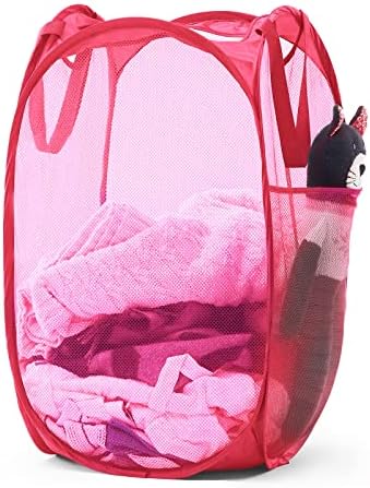 TECHMILLY Collapsible Mesh Pop Up Laundry Hamper with Sturdy Handles and Side Pocket - Portable Foldable Clothes Baskets for Dorm, Bathroom & Travel Storage (Pink) by TECHMILLY