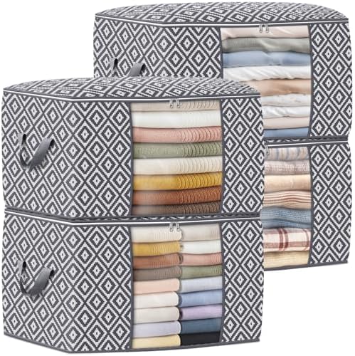 100L 4 Pack Storage Bags, Foldable Clothes Bins with Clear Window, Gray | Blanket Storage Containers with Reinforced Handles for Bedding, Comforters, Clothing, Quilts and Closet Organization by StorageTastic