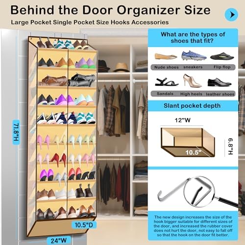 Kotkn 10-Tier Over the Door Shoe Organizer, 20 Pockets Holds 20-30 Pairs, Heavy-Duty Oxford Fabric with Hexagon Mesh for Boots & Sneakers, Beige - Image 2