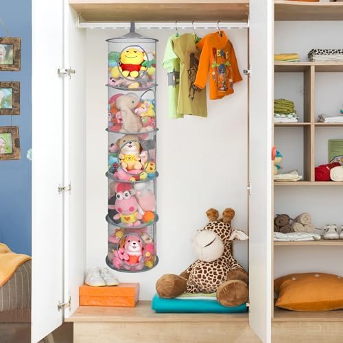 3Pcs Hanging Stuffed Animal Storage Hammock Net 5 Tiers, Grey - Image 4