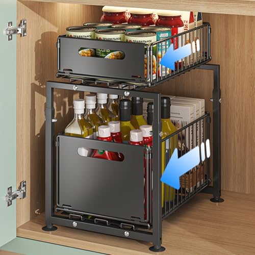 Under Sink Organizer, 2-Tier Multi-Use Kitchen and Bathroom Organizers and Storage, Slide Out Thickened Metal Under The Sink Organizer for Kitchen Bathroom Pantry (Style A Black, 1 Pack) by Unknown