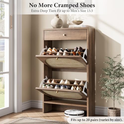 Nicetree Shoe Cabinet for Entryway, Slim Shoe Rack with 2 Flip Drawers and Top Storage Drawer, Narrow Shoe Organizer with Printed Rattan-Look Design, Entryway Shoe Storage for Size 12+ Shoes, Caramel - Image 5