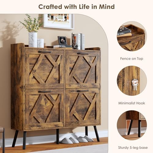 Nicetree Shoe Cabinet Storage for Entryway, Freestanding Shoe Storage Cabinet, Farmhouse Narrow Shoe Rack Cabinet for Entryway, Foyer, Hallway, Shoe Cabinet 4 Flip Drawers - Image 6