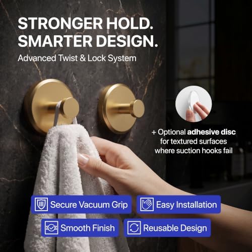 HOME SO Suction Cup Hooks for Shower & Bathroom Towel Holder 2-Pack Gold - Image 2