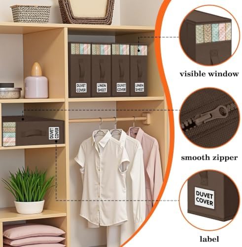 WOWBOX Sheet Organizers and Storage,Closet Bed Sheet Organizer Under Bed Storage and Organization with Label Cards & Clear Window for Bedding Sheets,Duvet Covers,Blankets (3 Pack，Brown) - Image 2