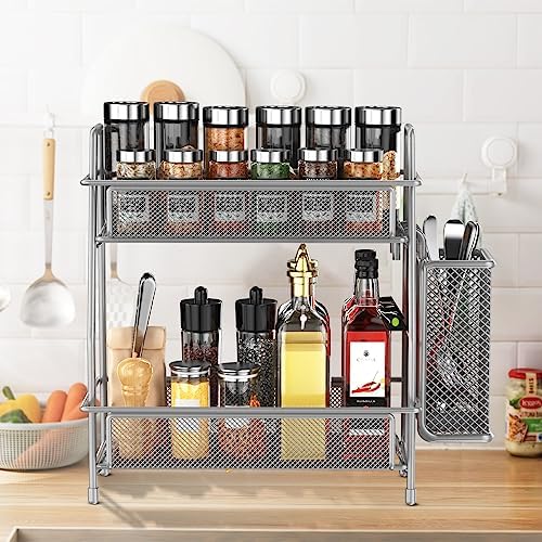 LEMIKKLE Spice Rack Organizer for Kitchen Counter, Spices Organizer and Storage Seasoning Organizer for Cabinet, Kitchen Metal Countertop Organizer with Side Basket (Grey) - Image 5