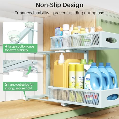 2 Pack Under Sink Organizer, 2 Tier Pull out Cabinet Organizer Mesh Baskets with 5 Adjustable Heights, Sliding Drawers Storage Shelf for Home, Kitchen, Bathroom, Pantry, Office, Countertop ,Blue - Image 6