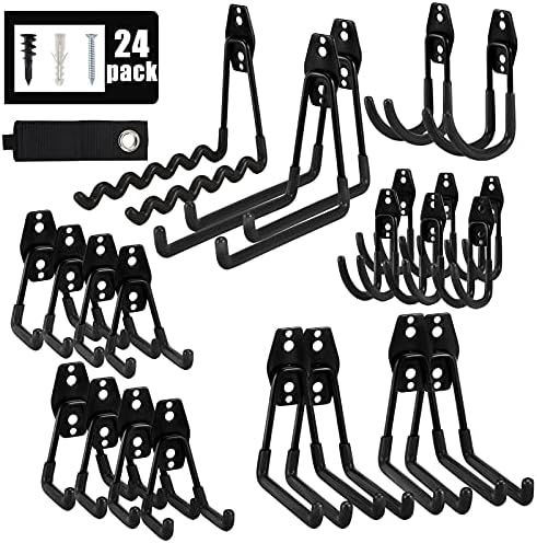 AOBEN 24PCS Garage Hooks, Heavy Duty Double Garage Hanger Organizer Wall Mount Iron Anti-Slip Garage Storage Hooks for Ladder, Power Tool,Bike,Ropes（23 Hooks & 1 hoder Strap-Black by AOBEN